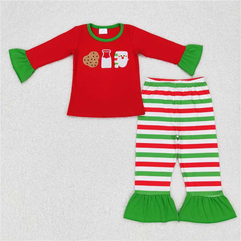 Baby Girls boys Christmas style printed red top and green and red striped trousers Family siblings set