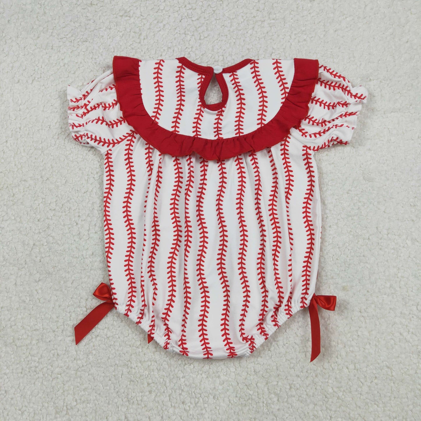 RTS NO MOQ（In Stock) Embroidered Baseball Red Bow Design Short-Sleeve Jumpsuit