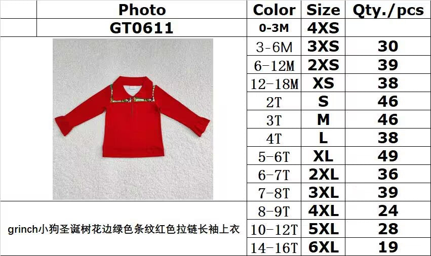 rts no moq GT0611 Grinch puppy Christmas tree lace green stripe red zipper long sleeve top