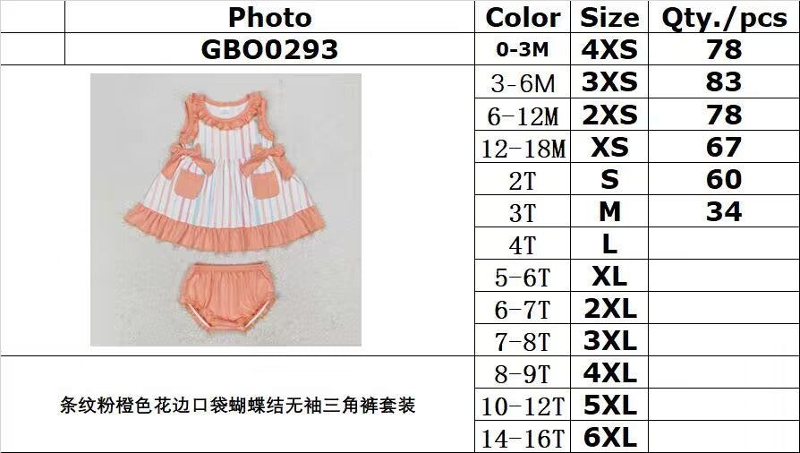RTS no moq GBO0293 Striped Pink Orange Lace Pocket Bow Sleeveless Briefs Set