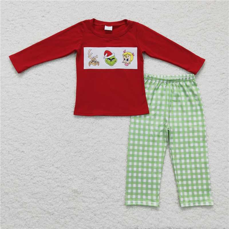 RTS NO MOQ（In Stock ) BLP0006 Embroidered Christmas long sleeve pants set