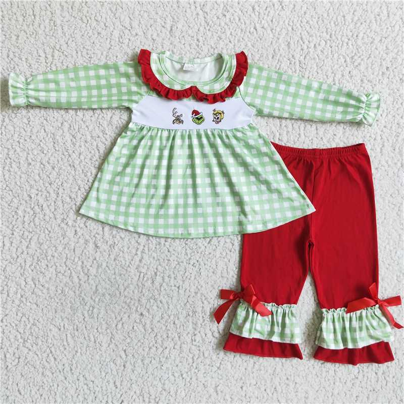 RTS NO MOQ（In Stock) GLP0033 Embroidered Christmas Long Sleeve Pants Set