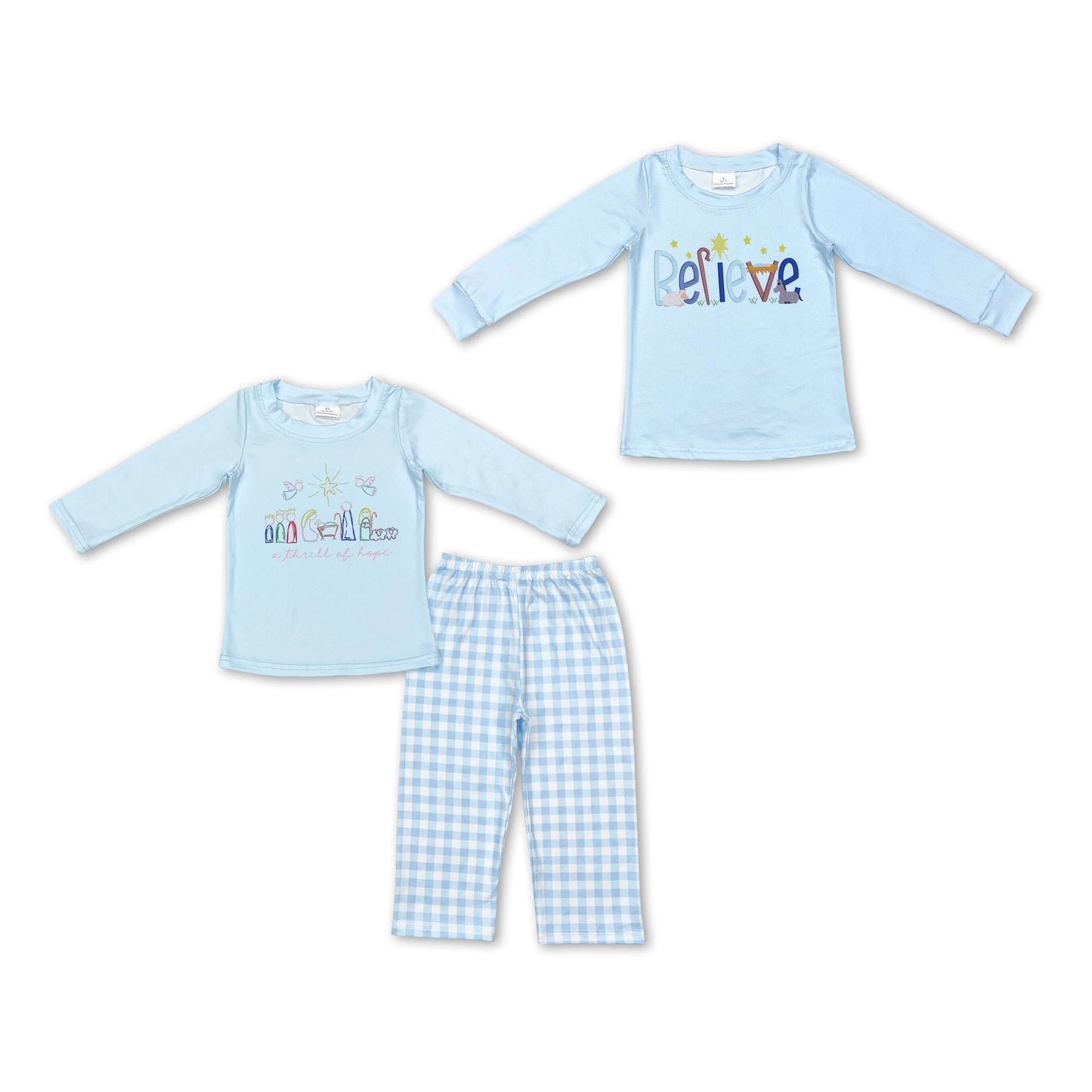 RTS NO MOQ  BT0775 BLP0504 Sky blue long-sleeved suit & long-sleeved top with colorful letter pattern