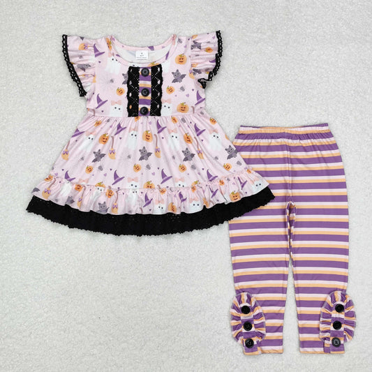 RTS NO MOQ ETA 5/7days GSPO1668 Smiley face pumpkin bat lace pink and purple flying sleeve striped trousers suit