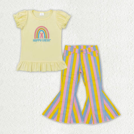 GT0392+P0332 happy easter embroidered letter bunny rainbow yellow lantern sleeve short sleeve top Pink blue and yellow striped denim jeans