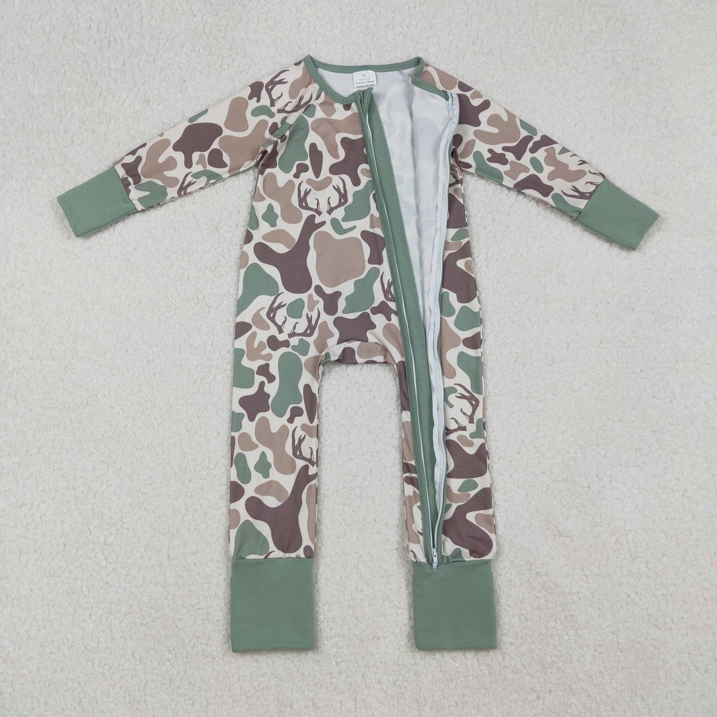 RTS NO MOQ（In Stock) Deer antler brown and green camouflage zipper long-sleeved bodysuit