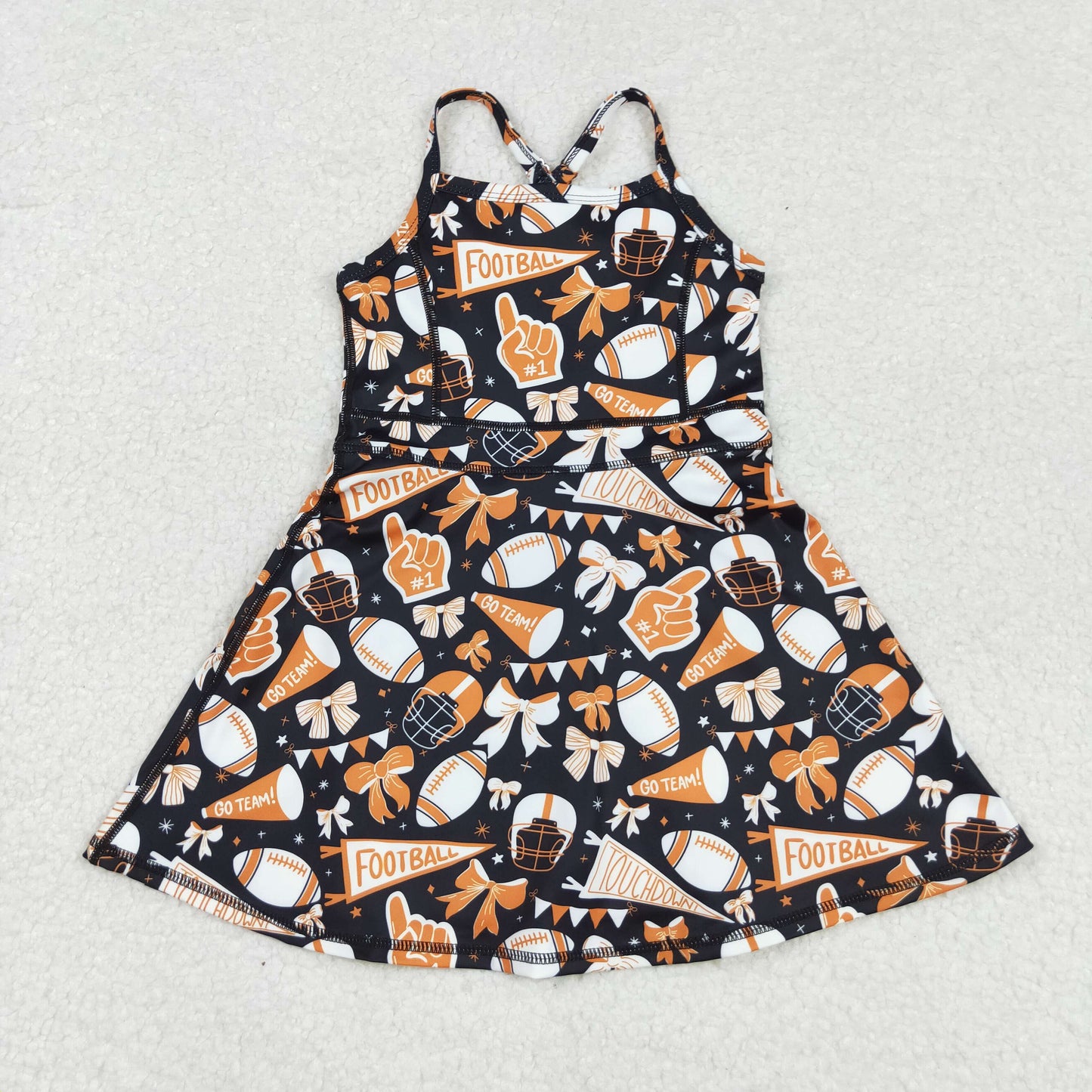 RTS NO MOQ（In Stock) GSD2777 Football Flared Orange Bow Pattern Yoga Sleeveless Dress
