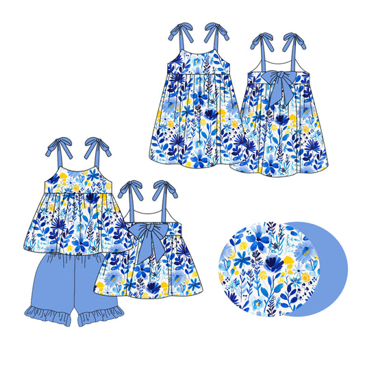 1.20 custom each style moq 5eta 4-6week Sibling Sister floral baby girl short sleeve shorts sets and dresses match design