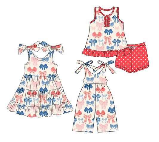 3.15 custom each style moq 5eta 4-6week Sibling Sister bow baby girl short sleeve shorts sets and dresses and jumpsuit match design