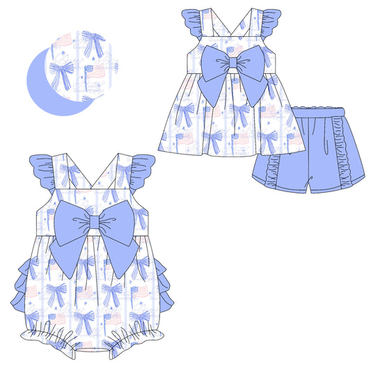 2.8 custom each style moq 5eta 4-6week Sibling Sister bow baby girls short sleeve shorts sets and romper match design