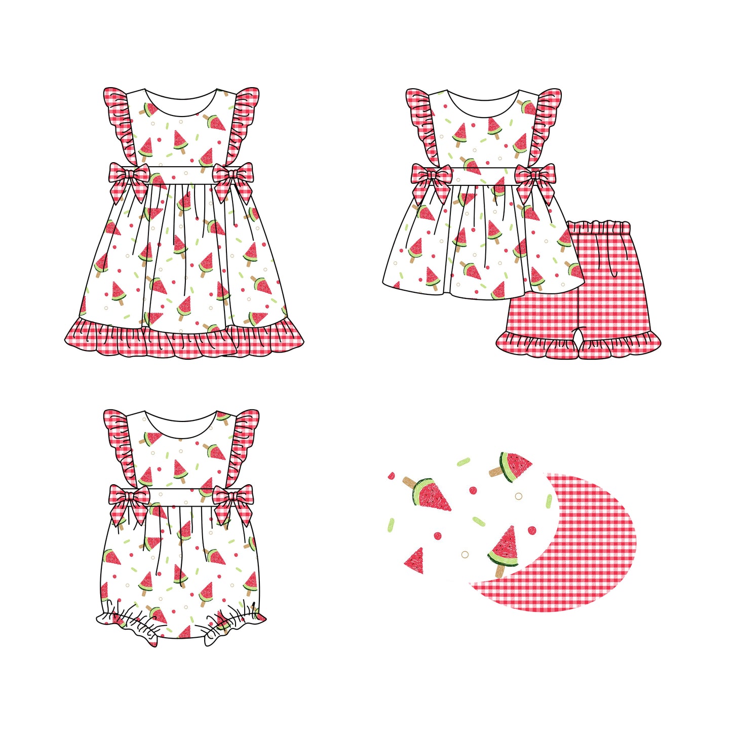 1.8 custom each style moq 5eta 4-6week Sibling Sister watermelon baby girl short sleeve shorts sets and dress and rompers match family design