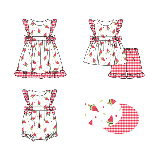 1.8 custom each style moq 5eta 4-6week Sibling Sister watermelon baby girl short sleeve shorts sets and dress and rompers match family design