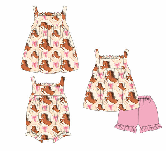 1.18 custom each style moq 5eta 4-6week Sibling Sisters horse bow baby girl short sleeve shorts sets and dress and rompers match family design