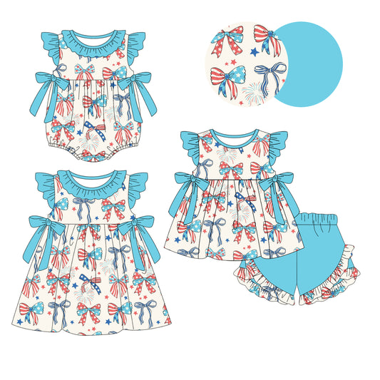 1.10 custom each style moq 5eta 4-6week Sibling Sister bow baby girl short sleeve shorts sets and dress and rompers match family design