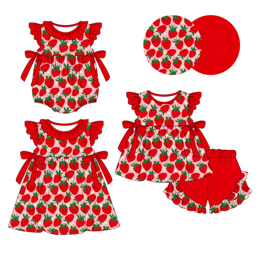 1.13 custom each style moq 5eta 4-6week Sibling Sisters strawberry baby girl short sleeve shorts sets and dress and rompers match family design