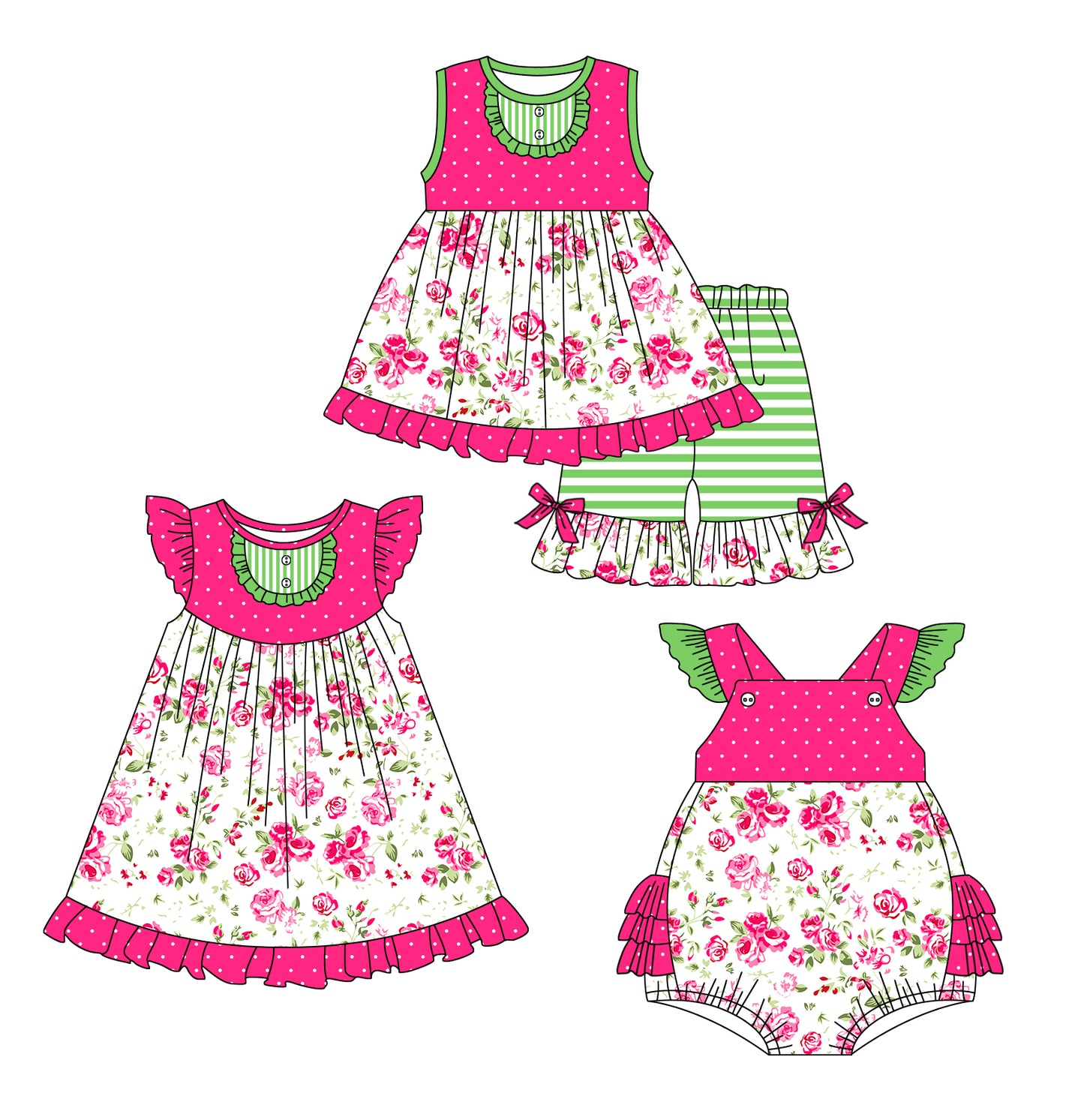 12.28 custom each style moq 5eta 4-6week Sibling Sister floral baby girl short sleeve shorts sets and dress and rompers match family design