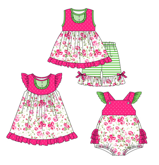 12.28 custom each style moq 5eta 4-6week Sibling Sister floral baby girl short sleeve shorts sets and dress and rompers match family design