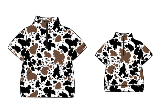 11.14 custom each style moq 5eta 4-6week Sibling Sister cow pattern kids short sleeve top and adult short sleeve top match design