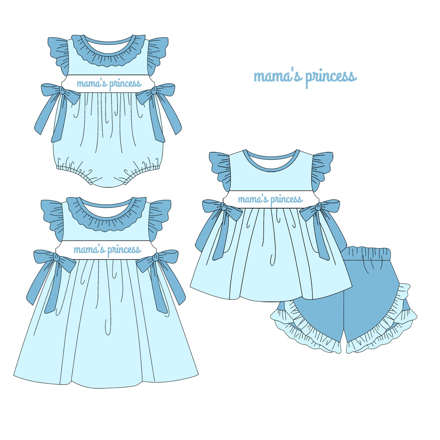 1.14 custom each style moq 5eta 4-6week Sibling Sisters mama princess baby girl short sleeve shorts sets and dress and rompers match family design