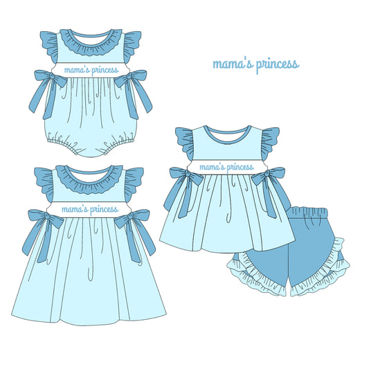 1.14 custom each style moq 5eta 4-6week Sibling Sisters mama princess baby girl short sleeve shorts sets and dress and rompers match family design