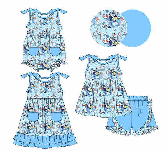 1.7 custom each style moq 5eta 4-6week Sibling Sister cartoon dog baby girl short sleeve shorts sets and dress and rompers match family design