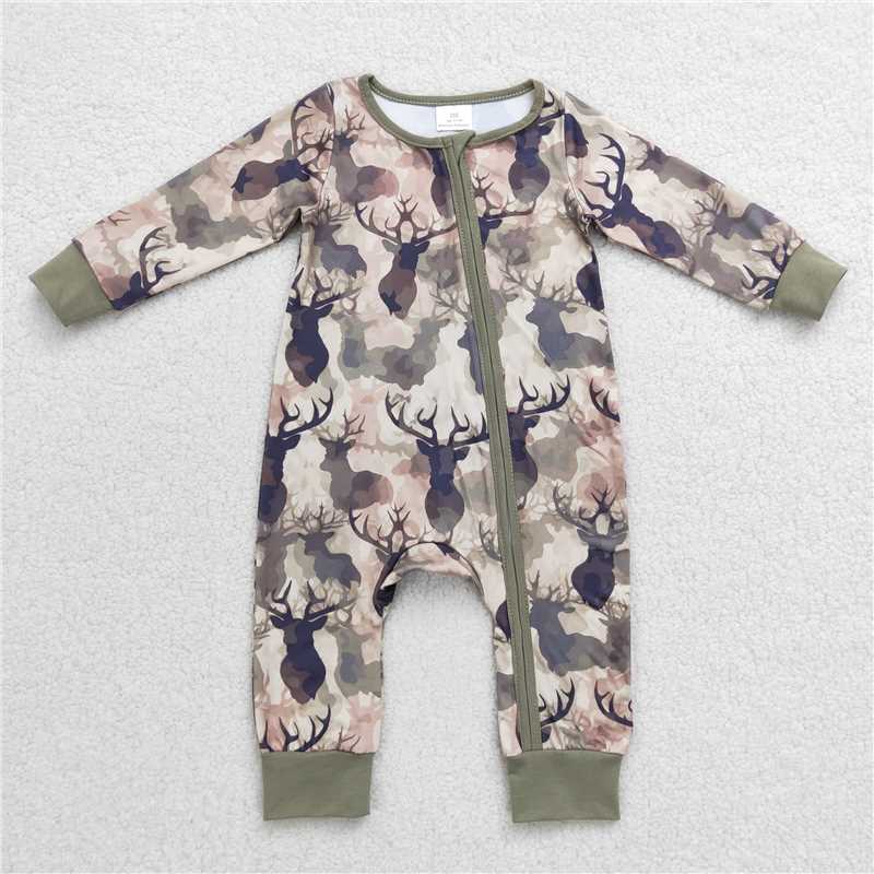 RTS Baby Kids deer prints green Sibling Rompers Clothes Set