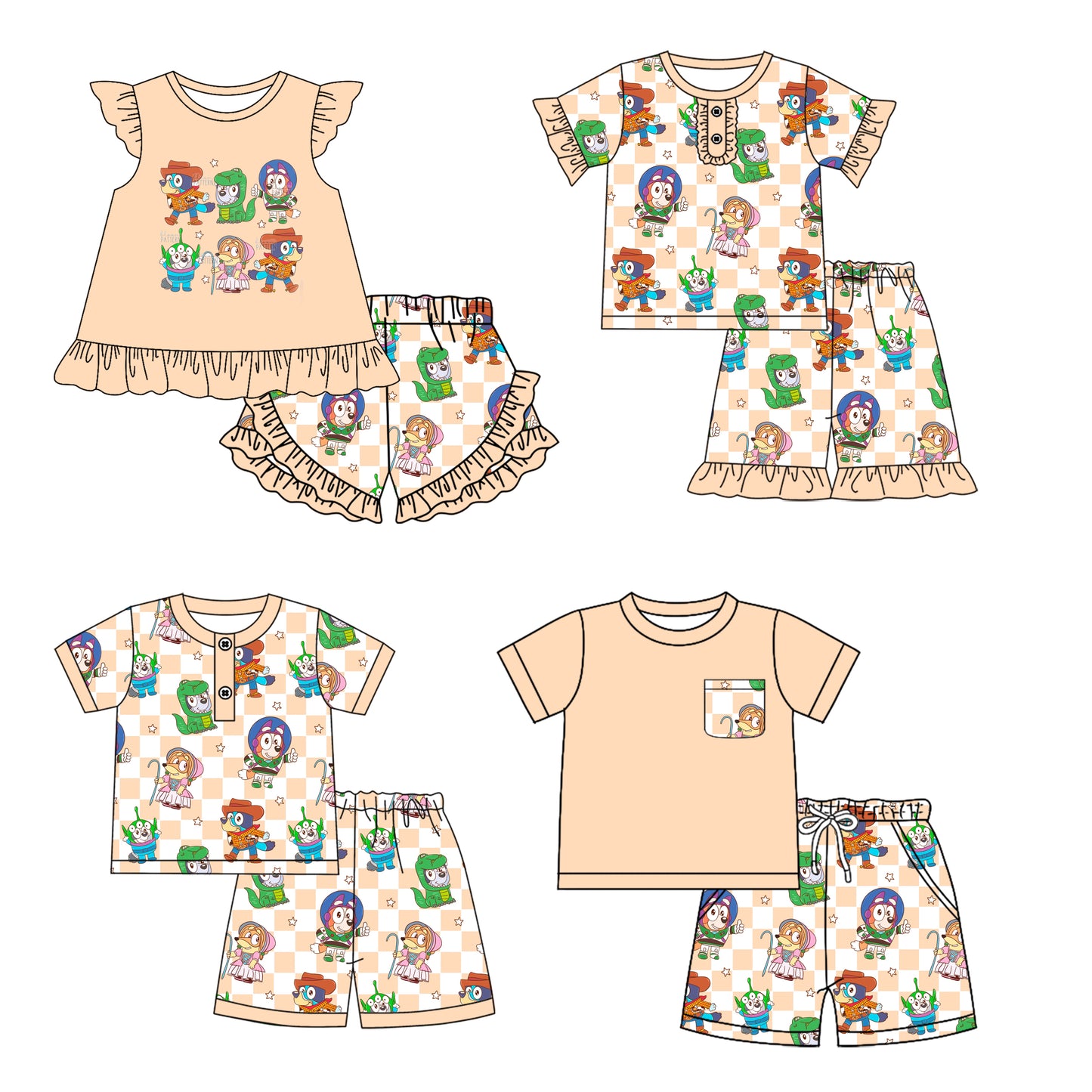 1.4 custom each style moq 5eta 4-6week Sibling Sister cartoon dog baby boy short sleeve shorts sets 1 and sets 2 and set 3 match design