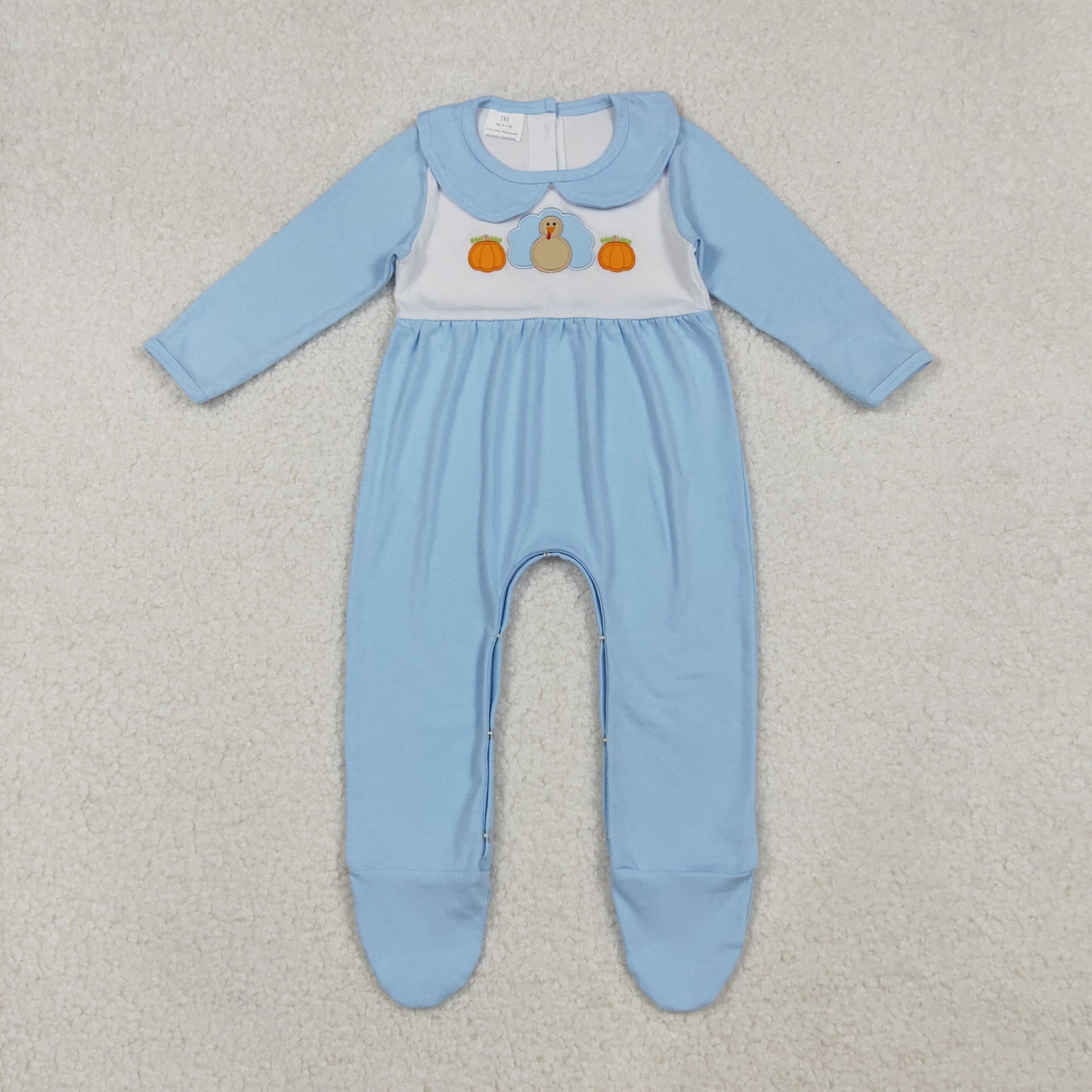 RTS NO MOQ（In Stock) LR2562 Embroidery Pumpkin Turkey Blue Long Sleeve Romper