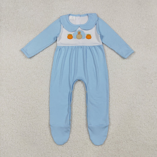 RTS NO MOQ（In Stock) LR2562 Embroidery Pumpkin Turkey Blue Long Sleeve Romper