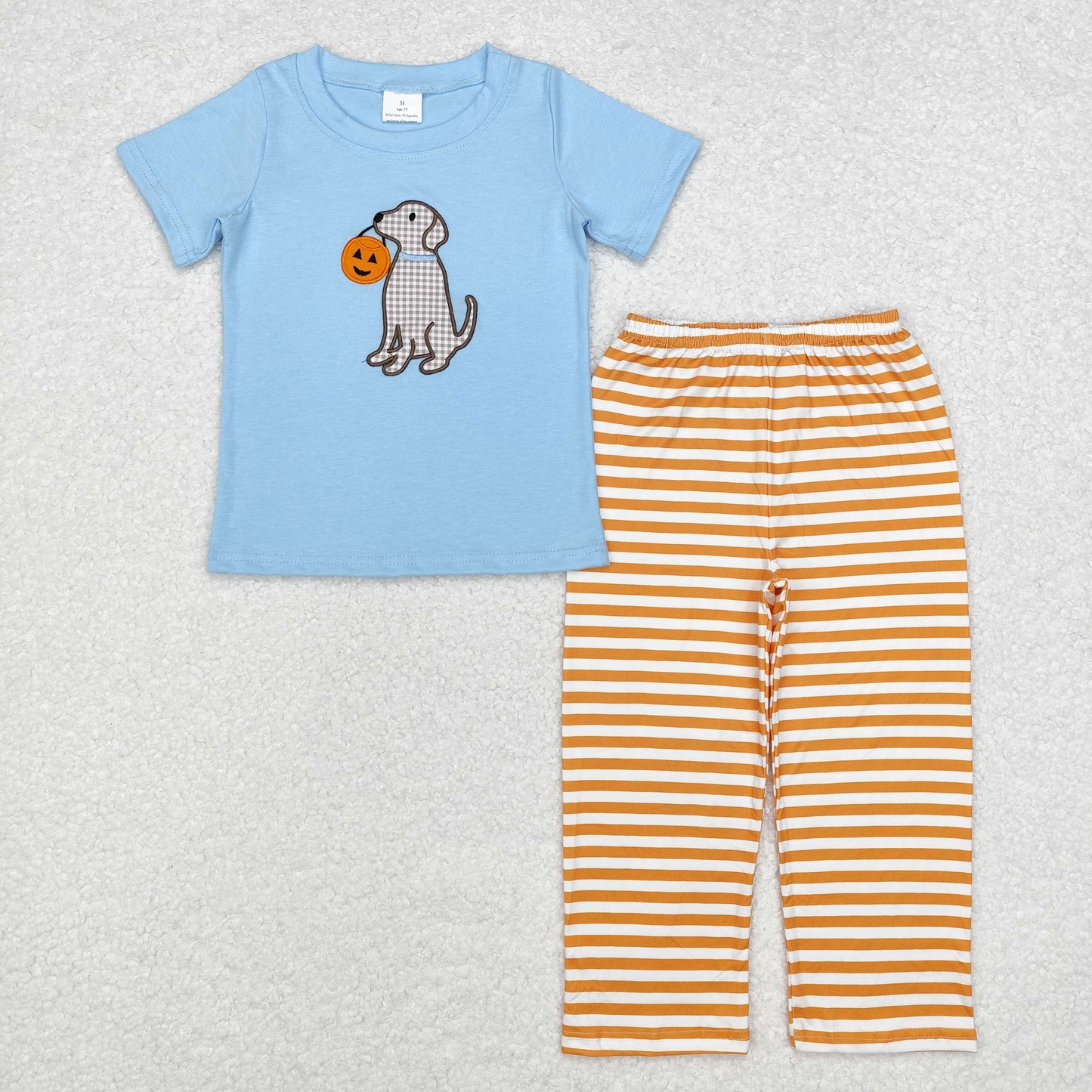 RTS no moq BSPO0391 Embroidered pumpkin puppy blue short-sleeved orange striped trousers suit