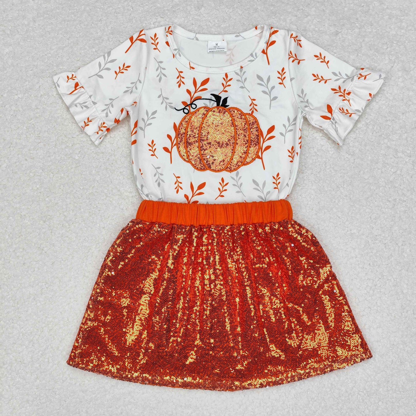 RTS NO MOQ ETA 5/7days GSD1399 Embroidered pumpkin white short sleeve orange sequin skirt suit-GSD1437组合