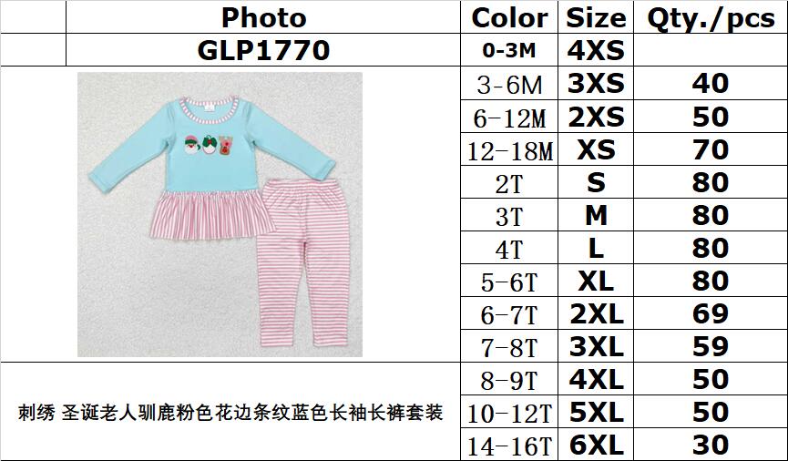 RTS NO MOQ ETA 5/7days Arrived GLP1770 Embroidery Santa Claus reindeer pink lace stripe blue long sleeve long pants set