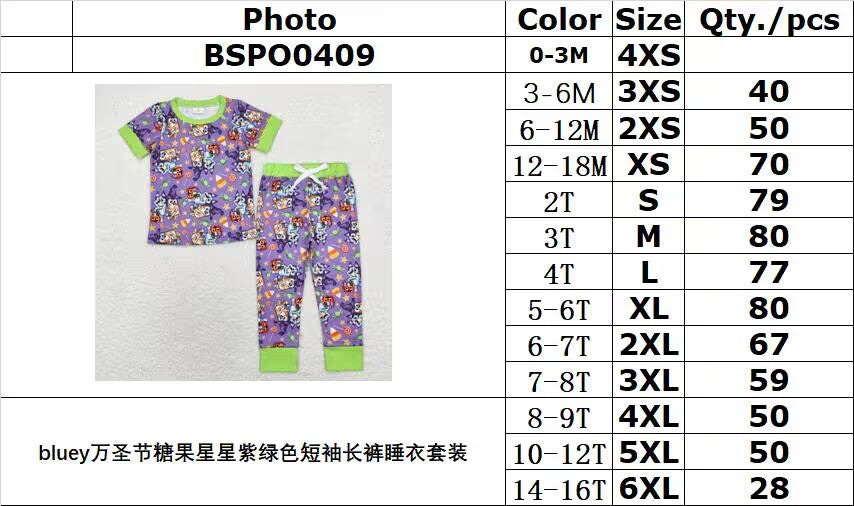 RTS no moq BSPO0409 bluey Halloween candy star purple green short-sleeved trousers pajama set