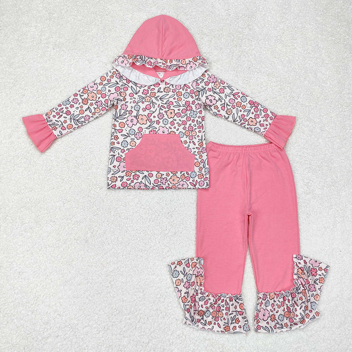 RTS NO MOQ  Baby Girls Lace Leopard Pocket Hooded Pullover Long Sleeve Pants Set