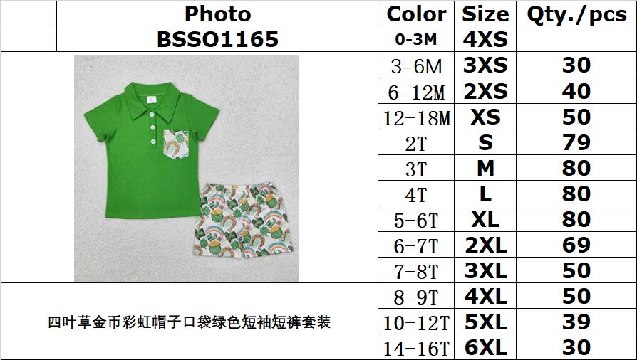 RTS NO MOQ ETA 5/7days Arrived BSSO1165 Four-leaf clover gold coin rainbow hat pocket green short sleeve shorts set