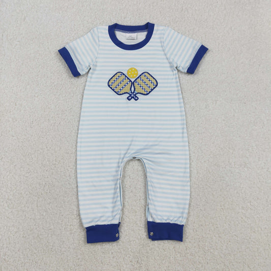 RTS NO MOQ（In Stock) Embroidered racket blue striped short-sleeved bodysuit