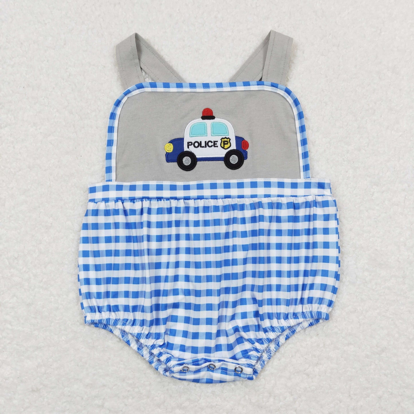 RTS NO MOQ（In Stock) police embroidered police car blue and white plaid gray vest jumpsuit