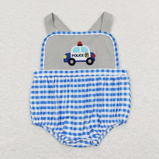 RTS NO MOQ（In Stock) police embroidered police car blue and white plaid gray vest jumpsuit