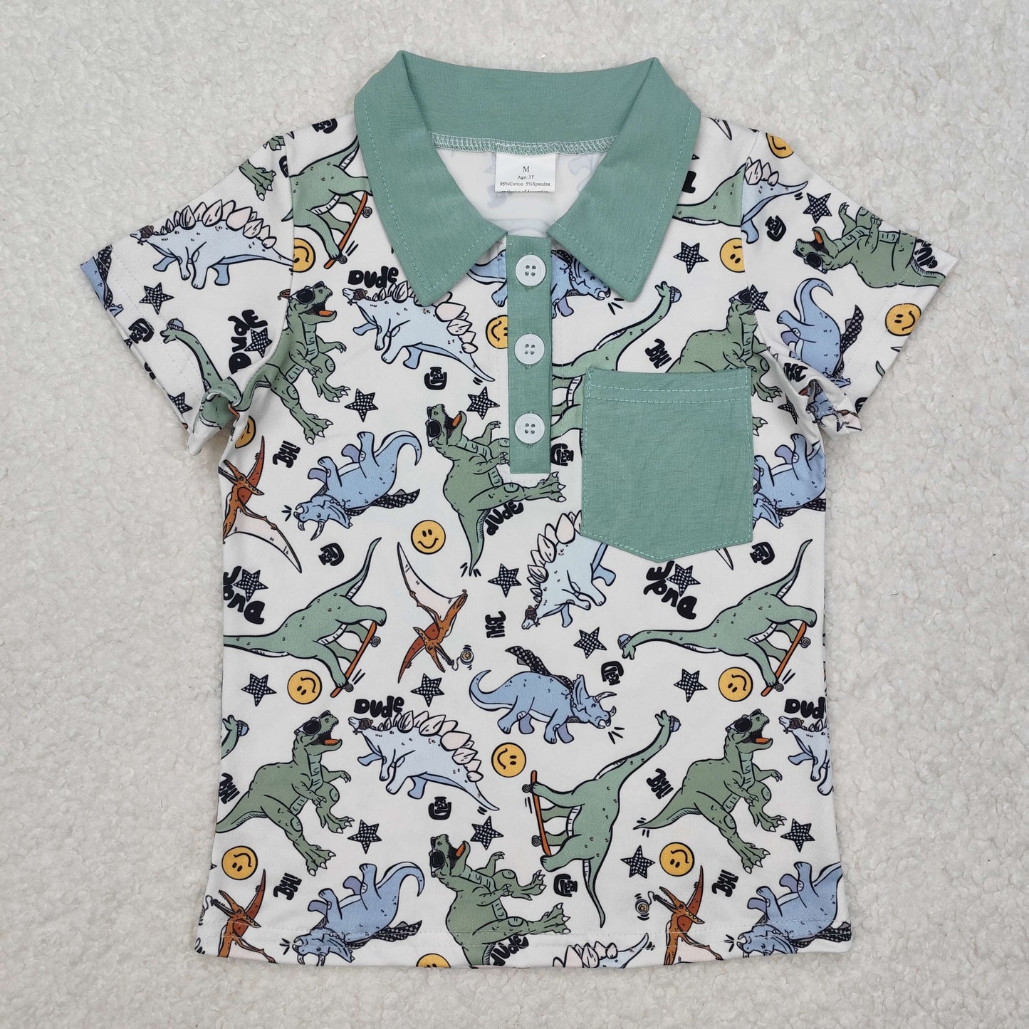 RTS NO MOQ ETA 5/7days arrived BT1133 Dinosaur smiley face star green pocket short-sleeved top