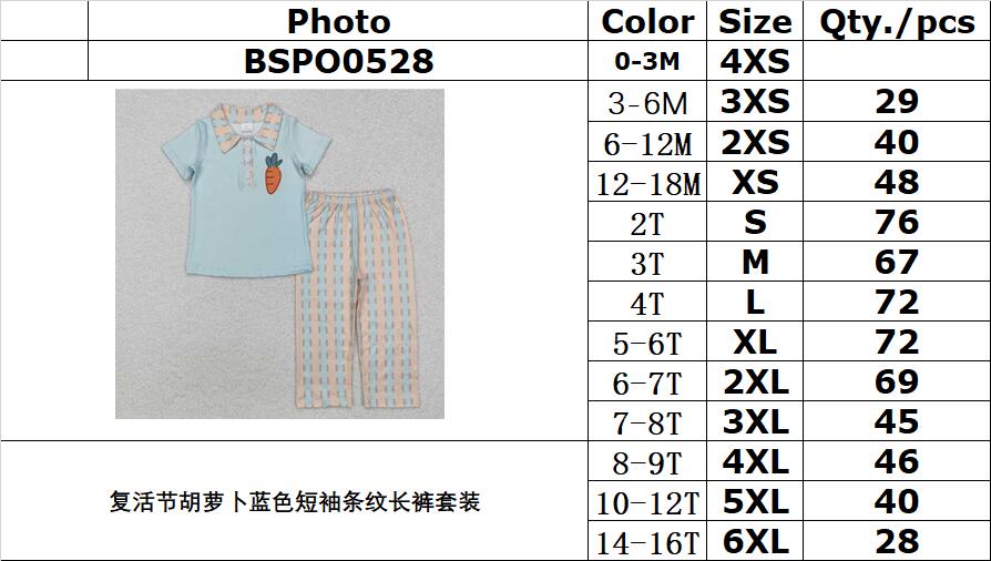 RTS NO MOQ ETA 5/7days Arrived BSPO0528 Easter carrot blue short-sleeved striped trousers set