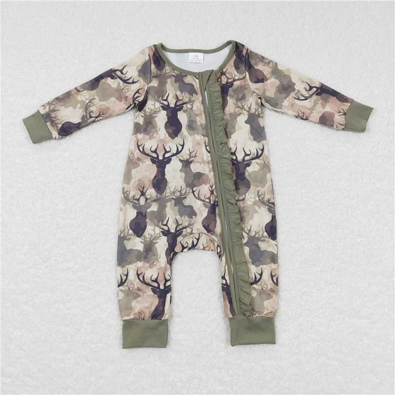 RTS Baby Kids deer prints green Sibling Rompers Clothes Set