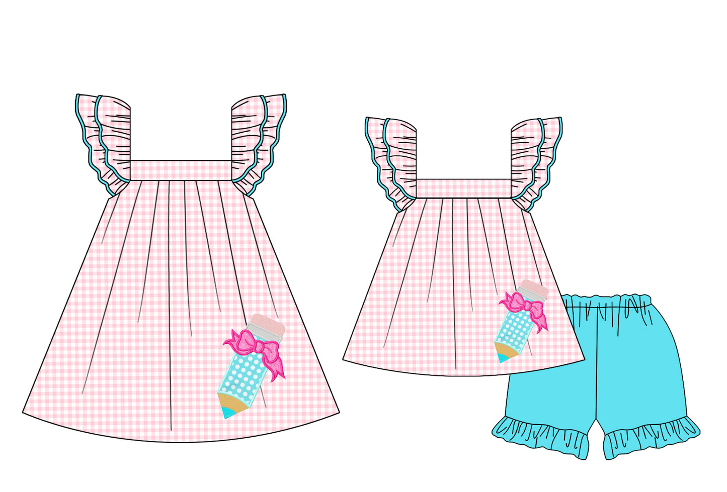 1.24 custom each style moq 5eta 4-6week Sibling Sister pencil bow baby girl short sleeve shorts sets and dresses match design