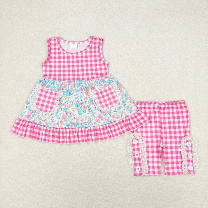 RTS NO MOQ Baby Girls Pink Checkered Floral Summer Sibling Rompers Clothes Sets