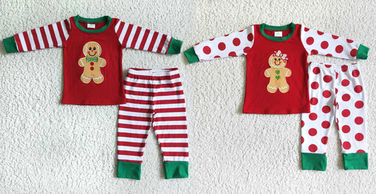 Baby Girls boys Christmas style ginger cookie print with red stripes and red polka dots Family siblings set