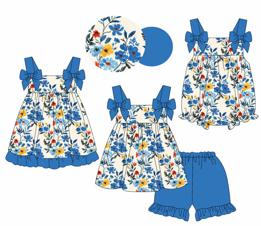 1.20 custom each style moq 5eta 4-6week Sibling Sisters floral baby girl short sleeve shorts sets and dress and rompers match family design