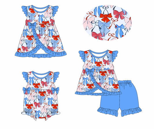 1.13 custom each style moq 5eta 4-6week Sibling Sisters bow baby girl short sleeve shorts sets and dress and rompers match family design