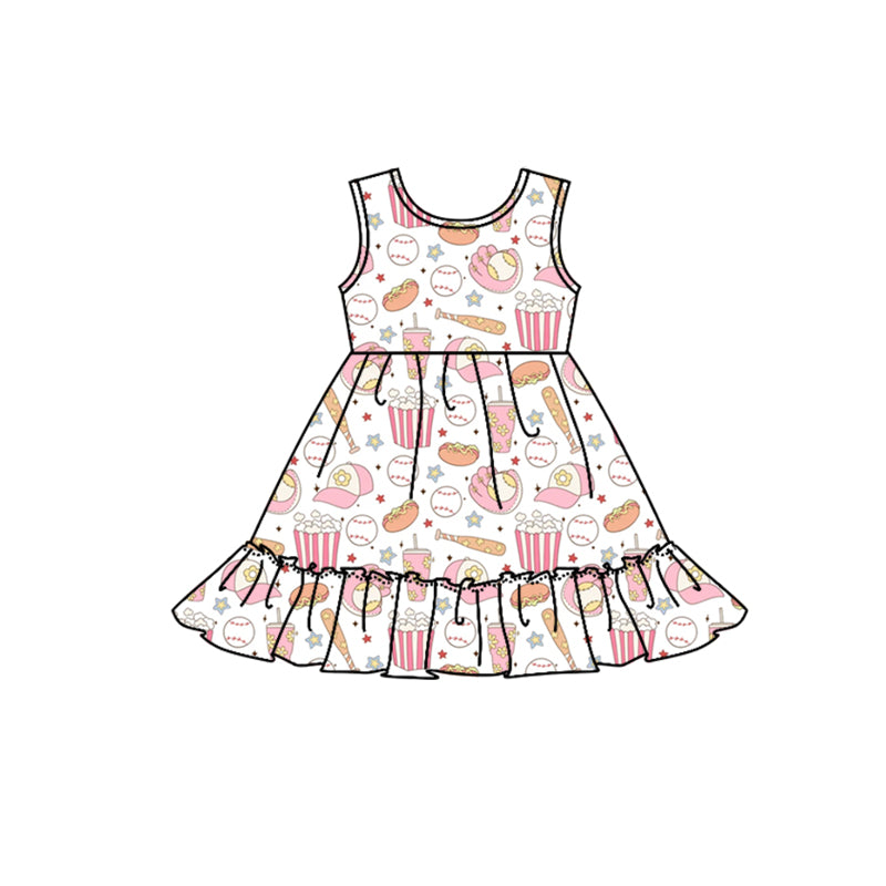 4.27custom moq 5 eta 4-5weeks baseball and Popcorn prints white dress