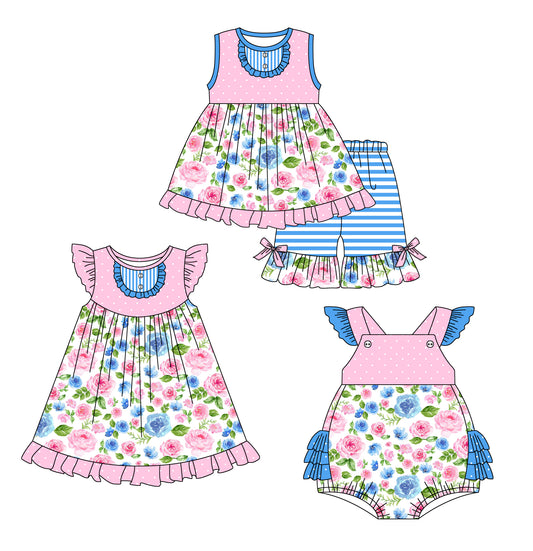 12.28 custom each style moq 5eta 4-6week Sibling Sister floral baby girl short sleeve shorts sets and dress and rompers match family design