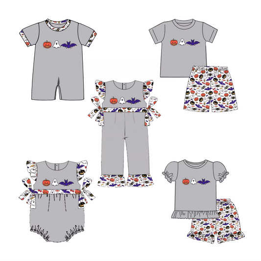 5.14custom each style moq 5eta 4-5week Sibling Sister Halloween style prints gray girls and boys outfits and baby romper match family design