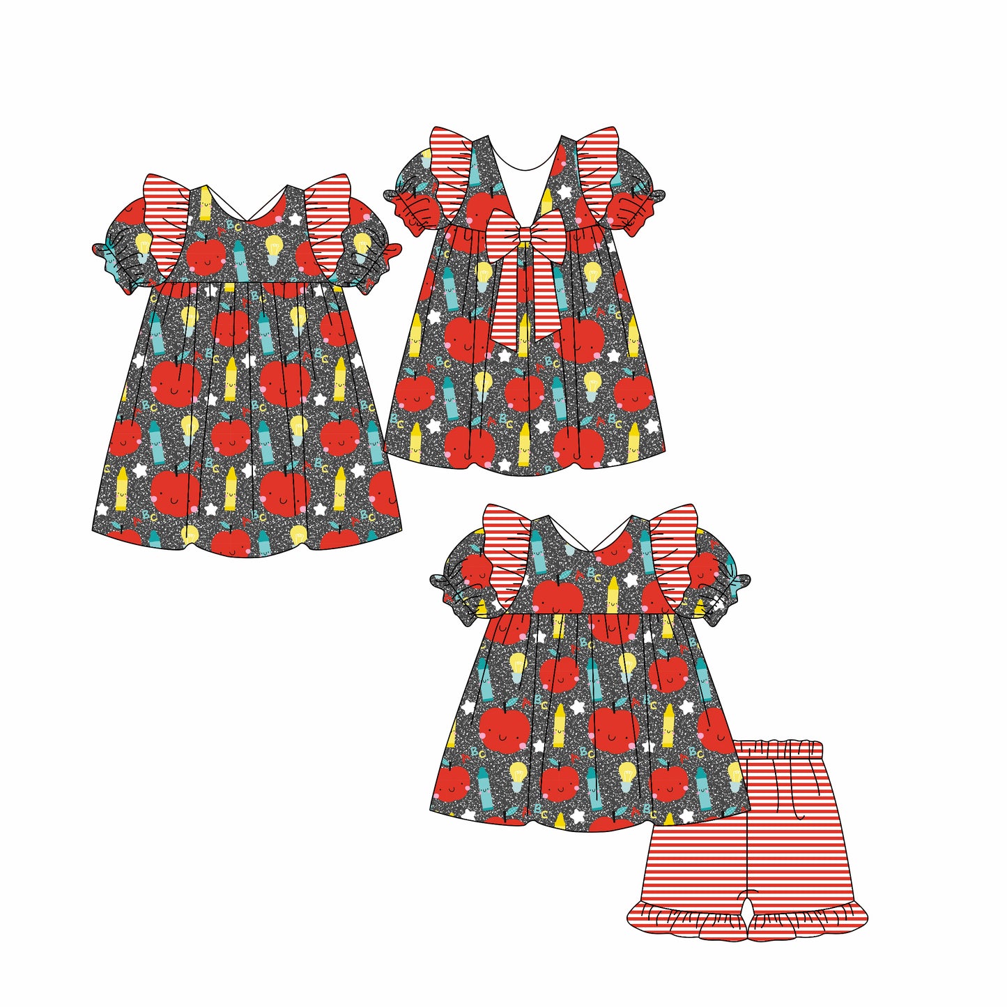 2.12 custom each style moq 5eta 4-6week Sibling Sister apple baby girl short sleeve shorts sets and dresses match design